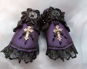 Cuff Bracelets, Fabric Cuffs, Gothic Cuff Bracelets, Steampunk Cuff Bracelets, Victorian Cuff Bracelets, Cosplay, Purple, Cross, Beaded