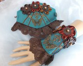 Steampunk Bracelets, Steampunk Cuff Bracelets, Costume, Cosplay, Photoshoot, Victorian, Pair, Lacy, Beaded, Green, Rust, Butterflys