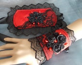 Victorian Cuff Bracelets, Steampunk Cuff Bracelets, Gothic Cuff Bracelets, Lolitia, Costume, Cosplay, Wedding, Prom, Red, Black, Lacey, Bead