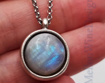 Rainbow Moonstone Pendant Necklace, Gemstone Boho Jewelry, June Birthstone