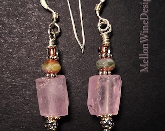 Raw Kunzite Earrings, Sterling Silver Dangle Earrings, Dainty Pink Earrings
