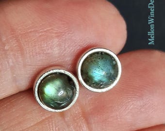 Labradorite Earrings: 6mm Dainty Stud Earrings, Pewter Earrings, Hypoallergenic Earrings