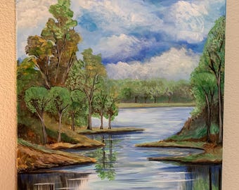 Paisagem com lago e árvores, pintura acrílica de grandes dimensões sobre tela, 30x20 polegadas (76x50 cm).