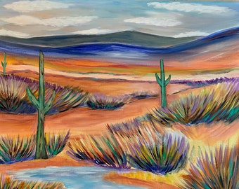 Desert Cactus Art Landscape colorful acrylic painting on canvas 20x16 inches.