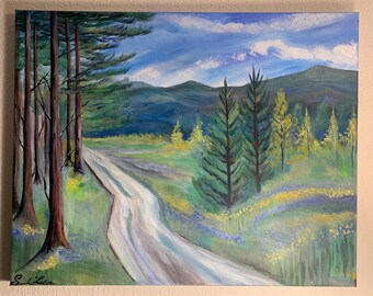 Sierra Nevada Redwood Trees no Paha Campground 20x16 polegadas paisagem acrílica sobre tela
