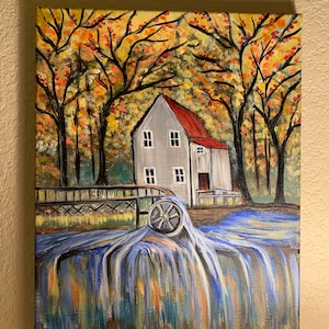 Autumn house in the woods landscape painting 14x 10 inches