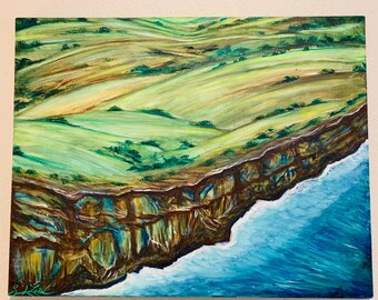 Colinas onduladas irlandesas e falésias se encontram em uma pintura de paisagem sobre tela de 24x20 polegadas.