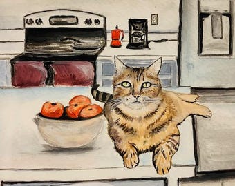 Gato na cozinha com maçãs, pintura original em aquarela de 10x8 polegadas com moldura.