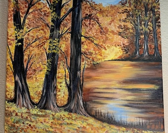 Paisagem de outono com árvores no Maine. Pintura acrílica de 35,5 x 35,5 cm sobre tela.