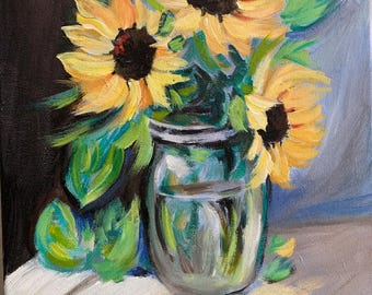Girassóis em um vaso, pintura acrílica sobre tela, 20x10 polegadas (50,8 x 25,4 cm).