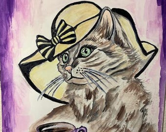 Pintura em aquarela Lady Charlotte the Cat 10x8 polegadas. Vem com moldura.