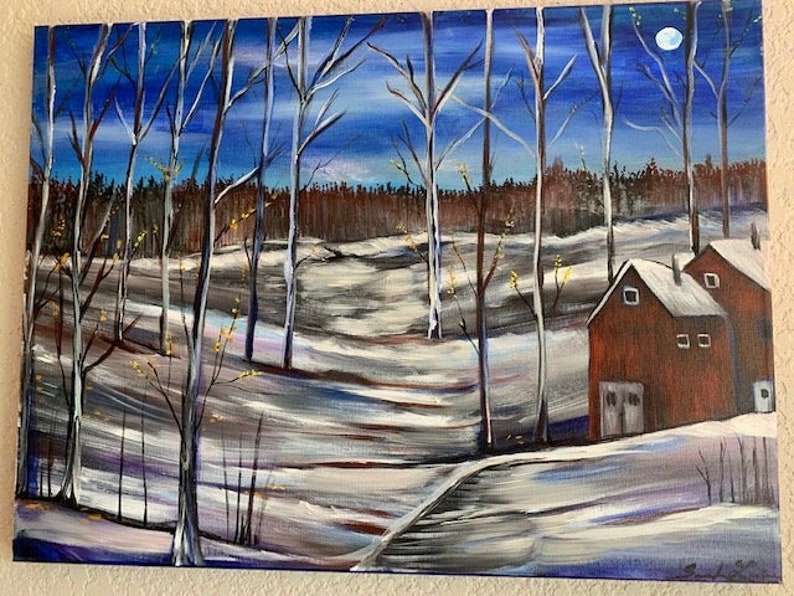 Vermont country cheapest Red Barn painting winter landscape original, Acrylic painting on canvas 20x18 inches