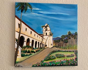 Missão da Califórnia em Santa Bárbara, pintura acrílica sobre tela, 35,5 x 35,5 cm (14 x 14 polegadas).