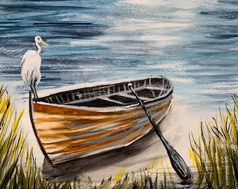 Pintura em aquarela "Barco na praia com garça", 25x20 cm, com moldura.