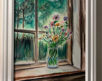 Pintura em aquarela Flores Silvestres na Janela, 25x20 cm, com moldura branca.