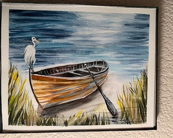 Peinture aquarelle héron et bateau 10x8 pouces, livrée avec cadre.