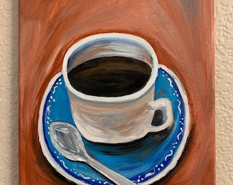Xícara de café no café, pintura acrílica 10x8 polegadas
