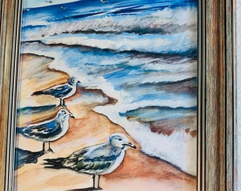 Gaivotas em Bodega Bay, pintura em aquarela, 12x8 polegadas, com moldura