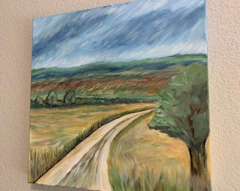 Paisagem rural, pintura acrílica sobre tela, 40x40 cm (16x16 polegadas)