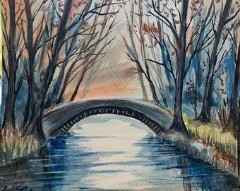Pintura de paisagem original em aquarela "Wood and the Bridge" 10x8 polegadas com moldura.