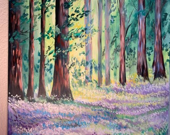 Paisagem de floresta de sequoias em flor na primavera, pintura acrílica sobre tela de 24x20 polegadas.