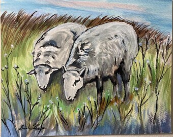 Pintura original em aquarela inspirada em ovelhas em pastos verdes, 10 x 8 polegadas, com moldura.