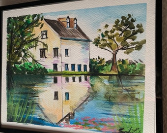 Casa francesa perto do lago pintura em aquarela 10x8 polegadas