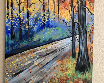 Impressão de trilha de outono, pintura acrílica sobre tela, 61 x 41 cm (24 x 16 polegadas)