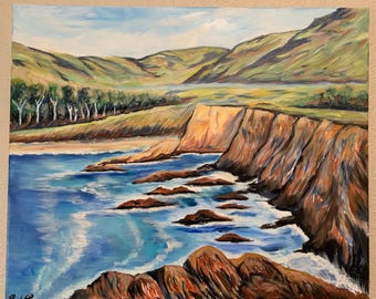 Paisaje costero de playa de California, pintura acrílica sobre lienzo de 24x20 pulgadas.