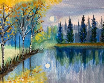 Aquarela Luar no outono Paisagem de Vermont Pintura original com moldura 10 x 8 polegadas.