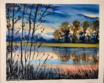 Reflexo das árvores na paisagem do lago June com moldura 10x8 polegadas