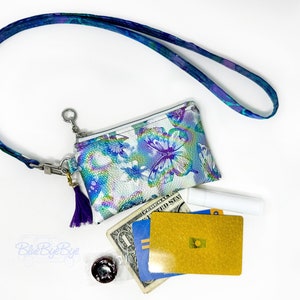 Iridescent Butterfly Zipper Pouch with Lanyard: Small Card Coin Holder