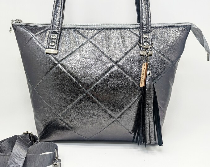 Shoulder Tote Bag With Crossbody Strap, Gunmetal Tote Bag for Women