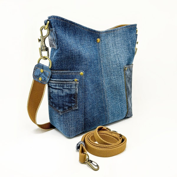 Denim Shoulder Bag with Crossbody Strap, Bucket Handbag for Women with Pockets, Classic Western Purse, Rhinestone Accents, Casual to Dressy