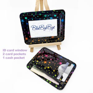 Cartera para tarjetas de identificación, tarjetero con estrellas de arcoíris iridiscentes, billetera delgada de bolsillo, tarjetero de vinilo negro con bolsillos para tarjetas de crédito, regalo perfecto para ella