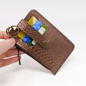 Billetera de tarjetas y monedas, Billetera de vinilo reptile, Billetera delgada de serpiente de cobre, Billetera minimalista para mujer, Billetera Monedero Pal