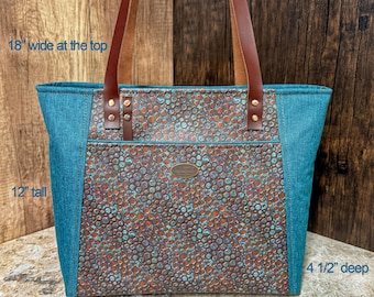 Copper & Teal Shoulder Tote Bag: Leather Straps, Multiple Pockets