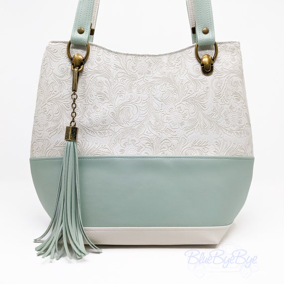 White Tooled Faux Leather Shoulder Bag Sea Mist Green Bucket Purse White Purse for Wedding Trendy Handbag Stylish Tote Bag Fashion Bag Etsy