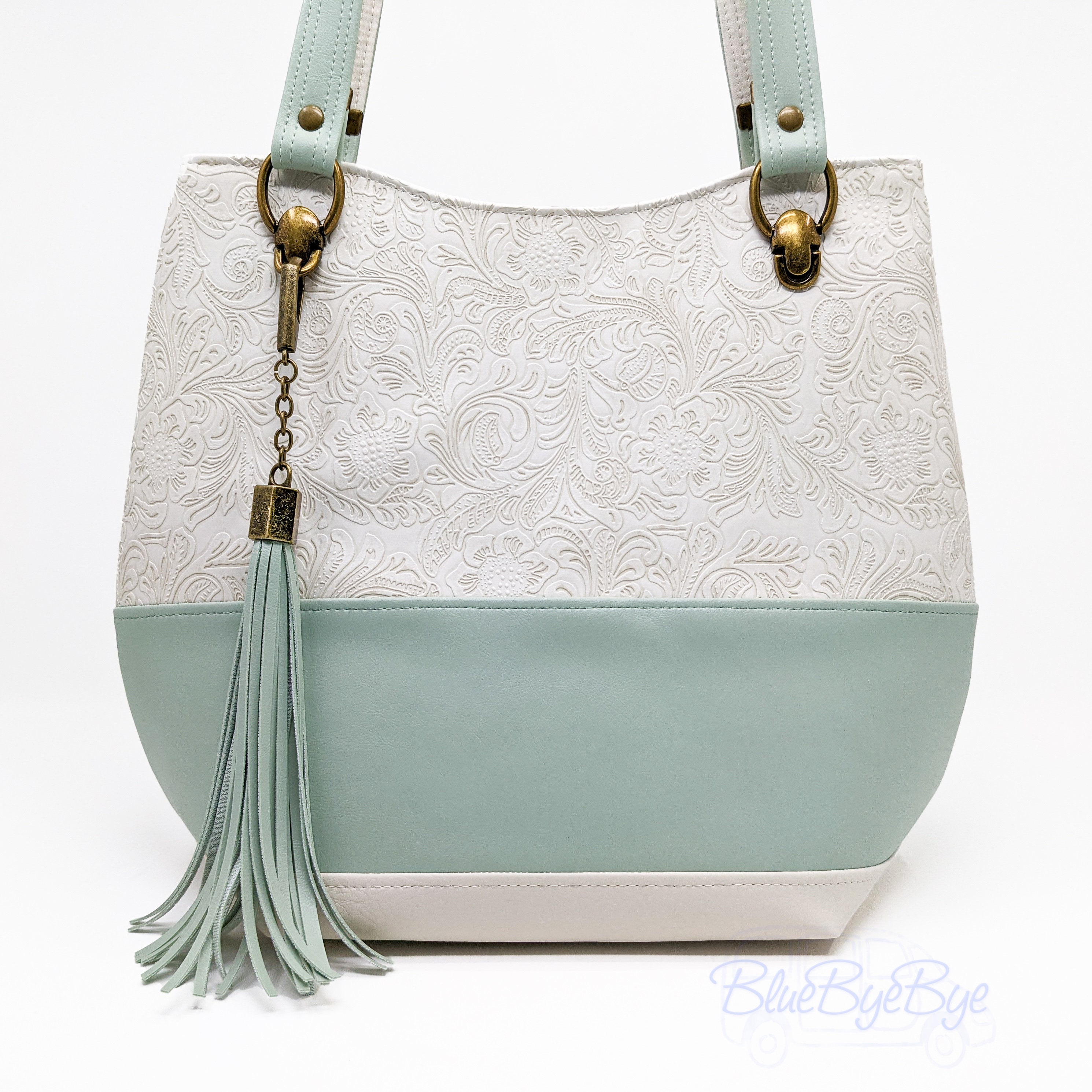Tooled White Faux Leather Shoulder Bag: Sea Mist Green Bucket Purse