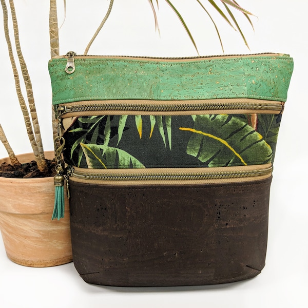 Tropical Triple Zipper Crossbody Purse, Large Organizer Bag, Convertible Backpack for Women, Cork Crossbody, Sustainable Material Purse