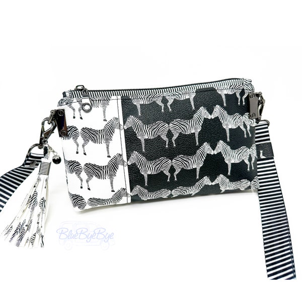 Black and White Zebra Crossbody Bag with Wristlet Strap, Animal Print Cell Phone Purse, Safari Crossbody, Trendy Zebra Wristlet Bag for Her