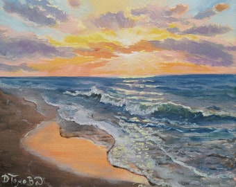 Original Beach Sunset Oil Painting - Seascape Art by DenitsaArt
