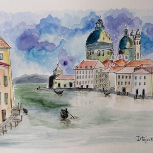 Violet sky in Venice original watercolor painting by DenitsaArt