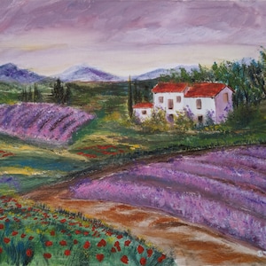 Lavender field - original acrylic painting by DenitsaArt