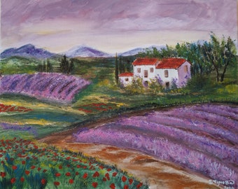 Lavender field - original acrylic painting by DenitsaArt