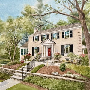 May include: A watercolor painting of a two-story house with a red door, white trim, and black shutters. The house is surrounded by green trees and bushes.
