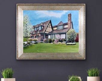 May include: A watercolor painting of a brick house with a white and brown half-timbered facade. The house has a green roof and a large front yard with green grass and trees.