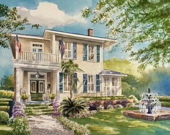 May include: Watercolor painting of a two-story house with a porch, balcony, and green shutters. An American flag hangs from the balcony. A brick pathway leads to the house, and a fountain is in the front yard.