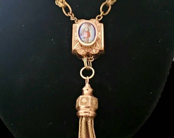Magnificent Antique Tassel 10k Victorian Necklace with Figural Plaque Slide Opulent GIFT