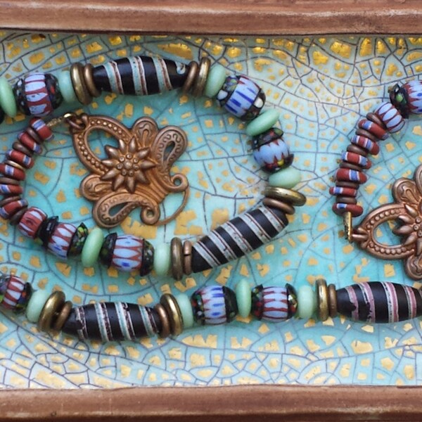 Venetian African Trade Beads Necklace Rare Spiral OOAK Awale Brass